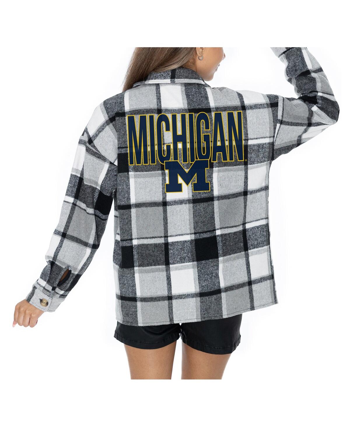 GAMEDAY COUTURE WOMEN'S GREY MICHIGAN WOLVERINES LONG SLEEVE BRUSHED PLAID BUTTON-UP OVERSHIRT JACKET 