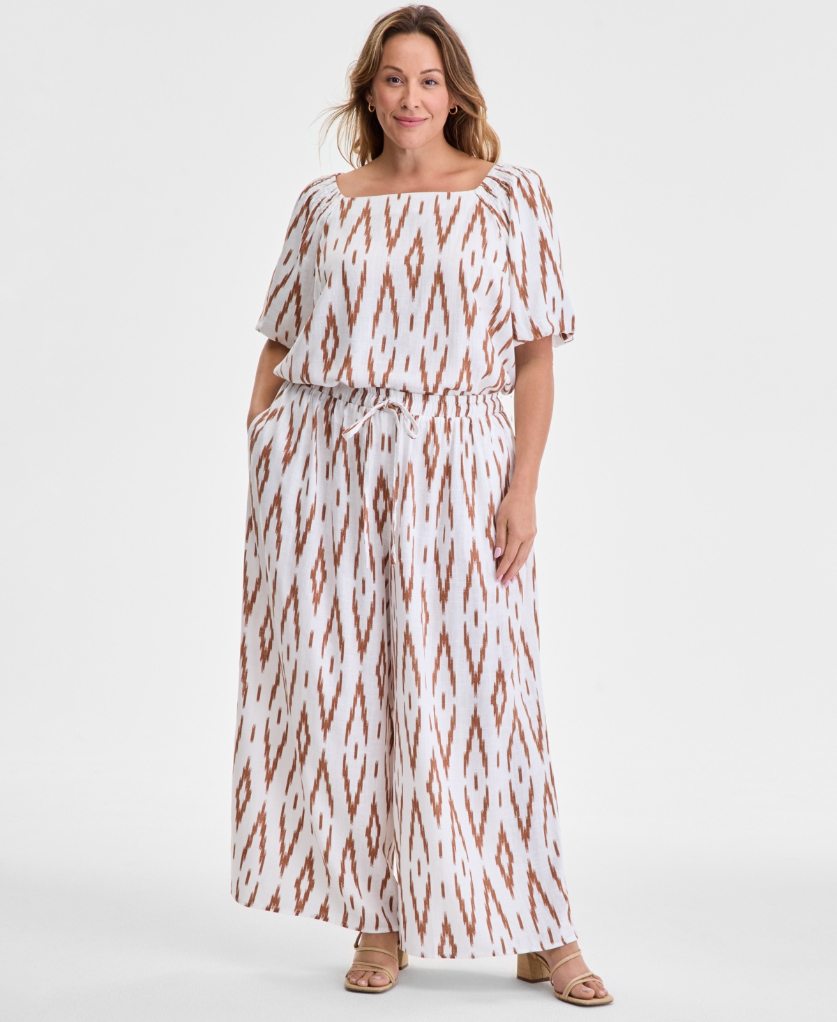 Vince Camuto June Hero Look Plus Size Printed Square Neck Short Sleeve Blouse Printed Wide Leg Gathered Pants