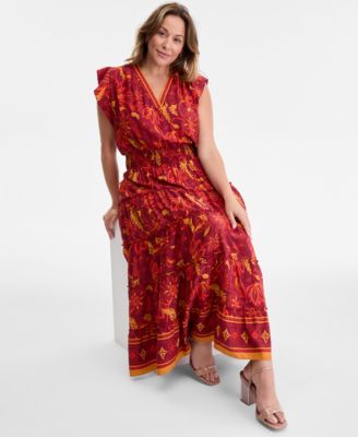 Plus Size Printed Smocked-Waist Flutter-Sleeve Maxi Dress