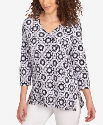 Petite Medallion Tile Floral Faux Surplice Top