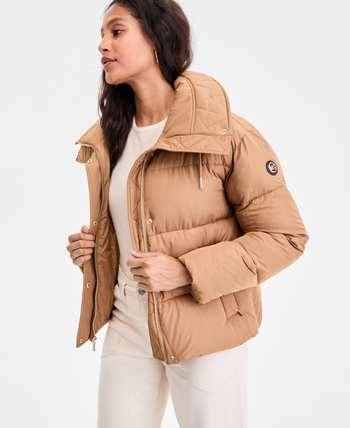 Michael Kors Michael  Women's Drawstring-collar Puffer Coat In Brown
