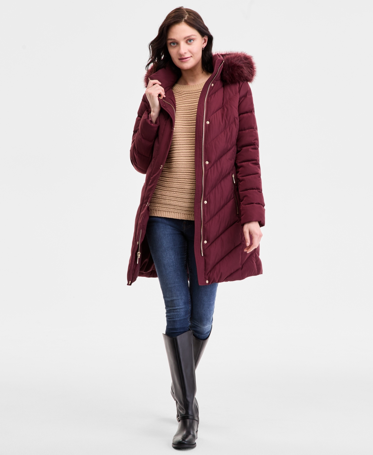 Michael Kors Michael  Women's Faux-fur-trim Hooded Puffer Coat, Exclusively At Macy's In Burgundy