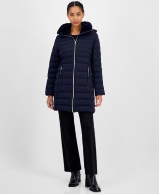 Petite Faux-Fur-Collar Hooded Packable Puffer Coat