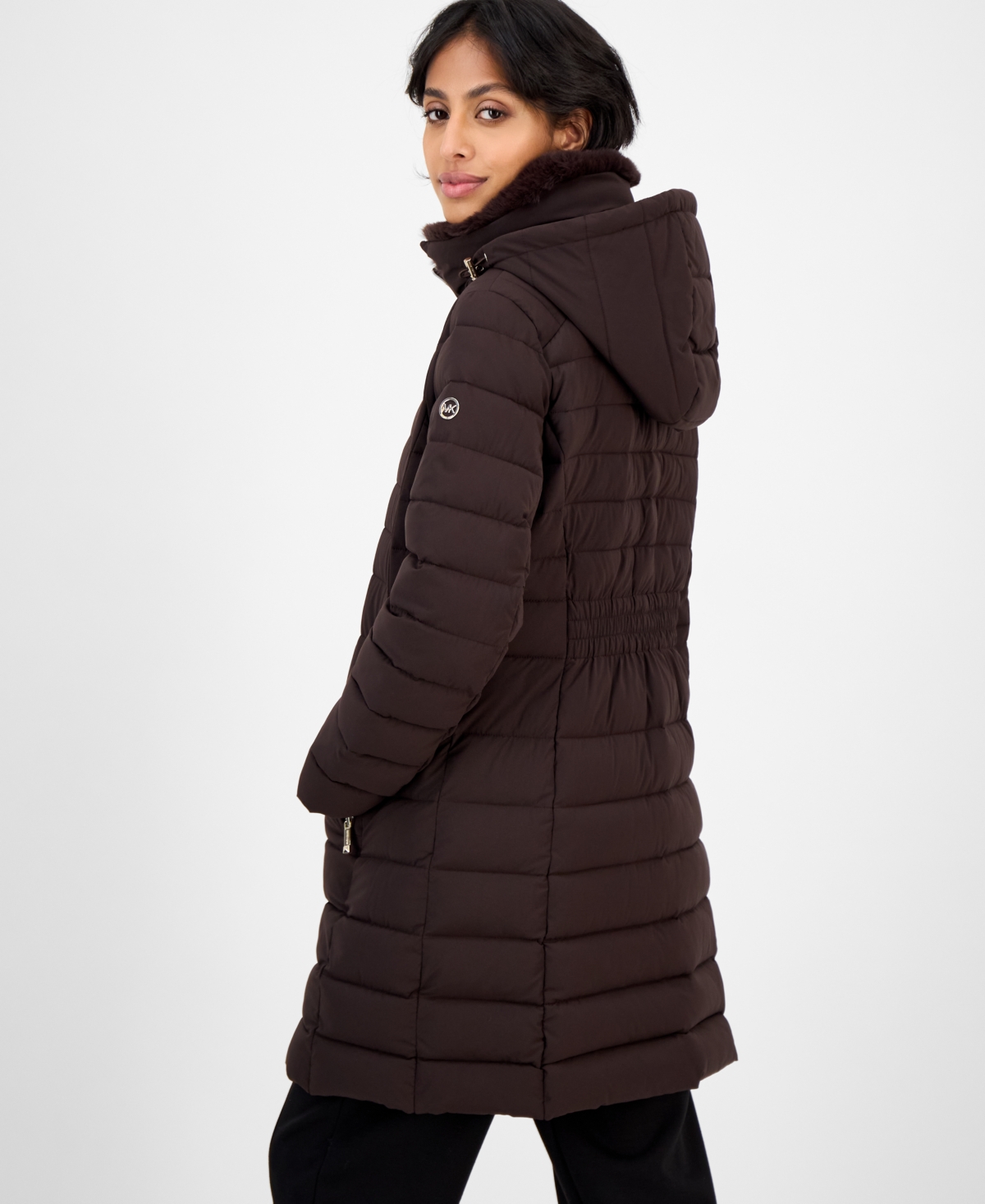 Michael Kors Michael  Petite Faux-fur-collar Hooded Packable Puffer Coat In Brown