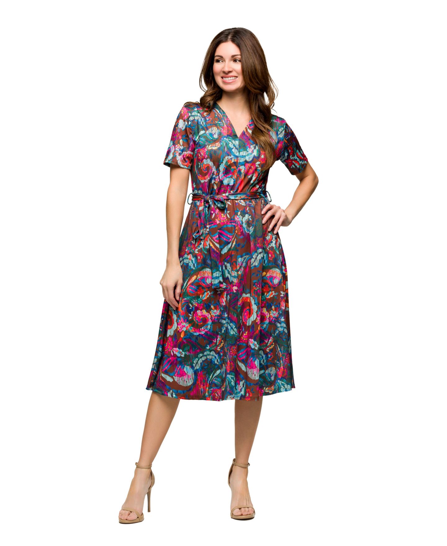 Женское платье 24seven Comfort Apparel Short Sleeve Tie Waist Midi, цвет: Розовый разноцветный — фото 1