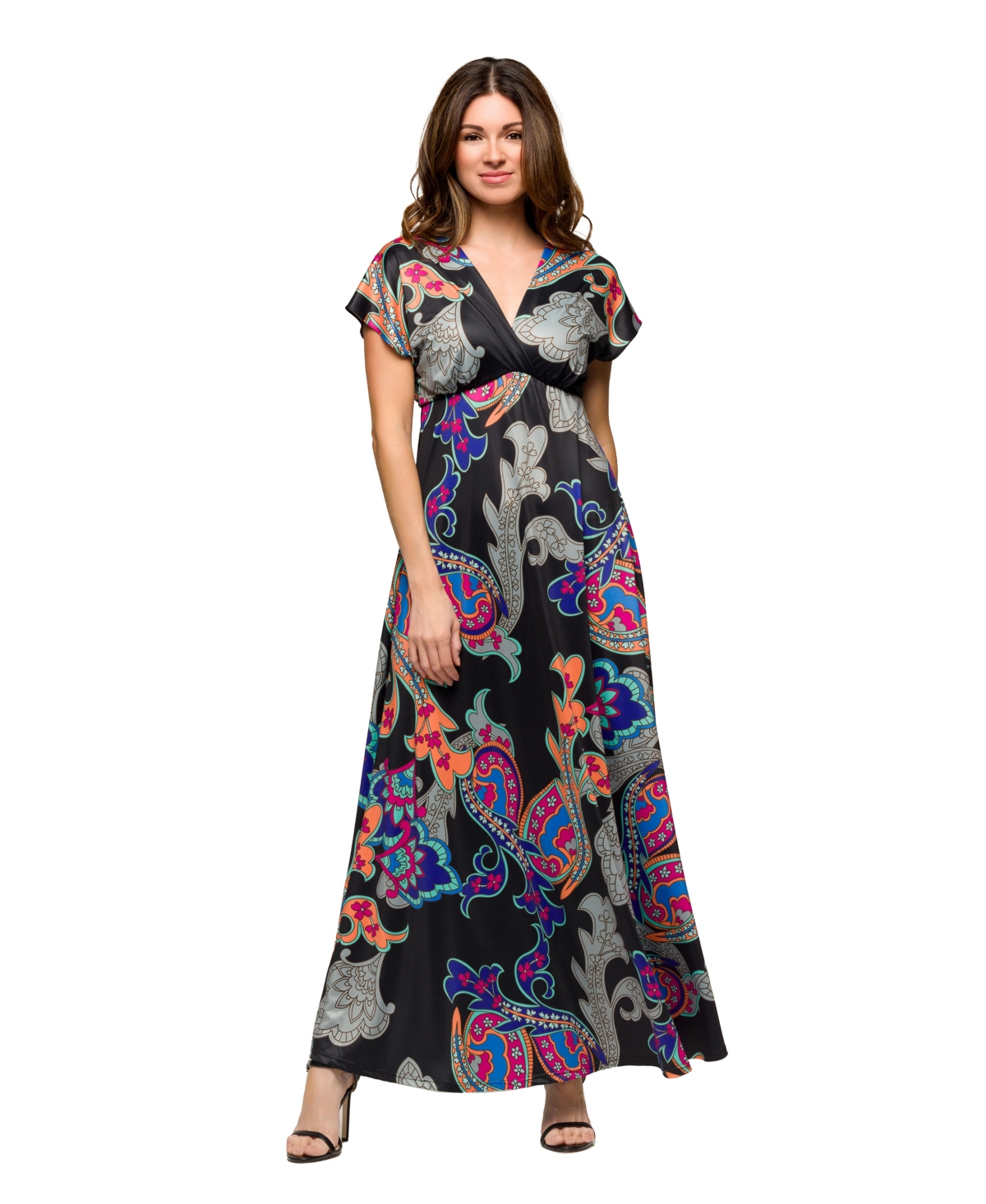 Women's V Neck Empire Waist Cap Sleeve Maxi Dress - Black Multi