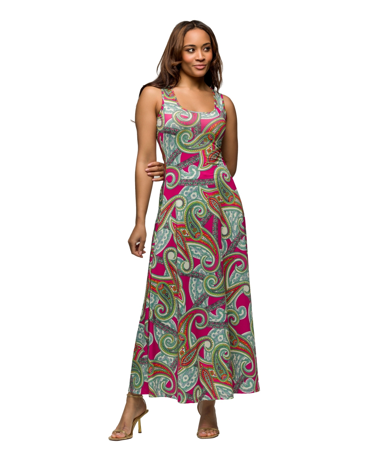 24seven Comfort Apparel Maternity Hot Pink Paisley Print Scoop Neck A-line Sleeveless Maxi Dress In Pink Multi