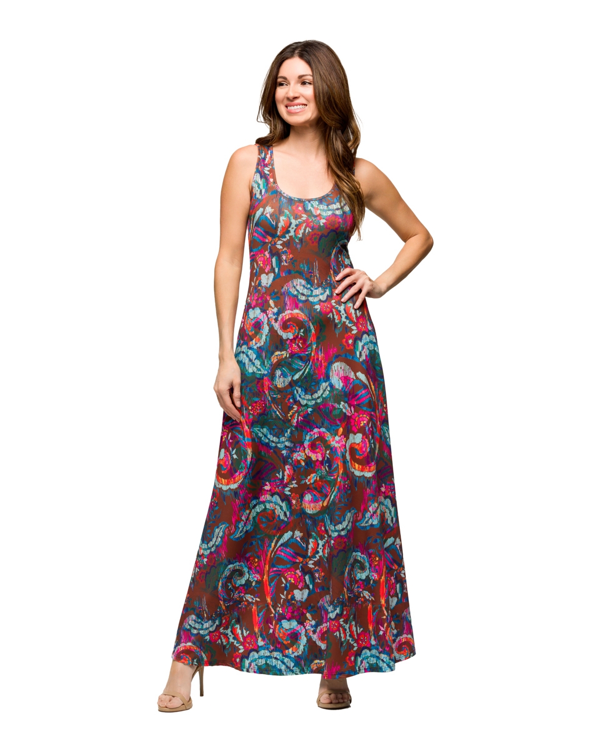 Shop 24seven Comfort Apparel Women's Pink And Brown Print Scoop Neck A Line Sleeveless Maxi Dress In Brown Mult
