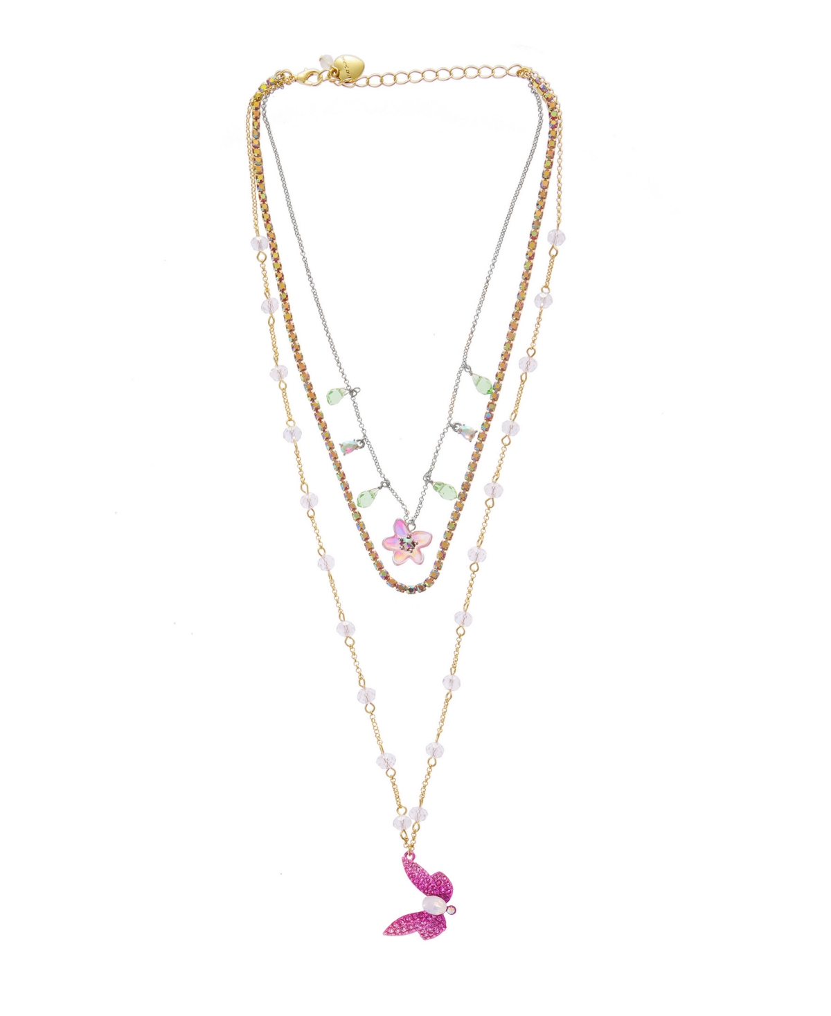 Betsey Johnson Faux Stone Garden Glam Dragonfly Layered Necklace In Pink,gold