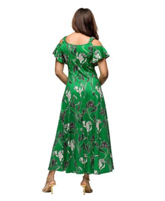 Women's Green Floral Cold Sholder Ruffle Sleeve A Line Maxi Dress