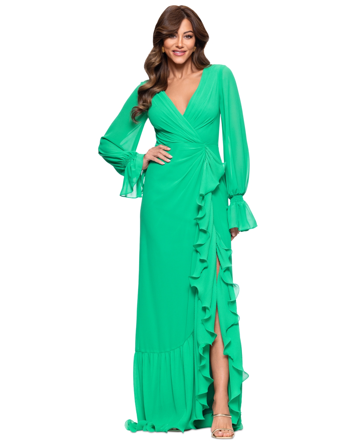 Women's V-Neck Ruffle-Trim Slit-Front Chiffon Gown - Emerald