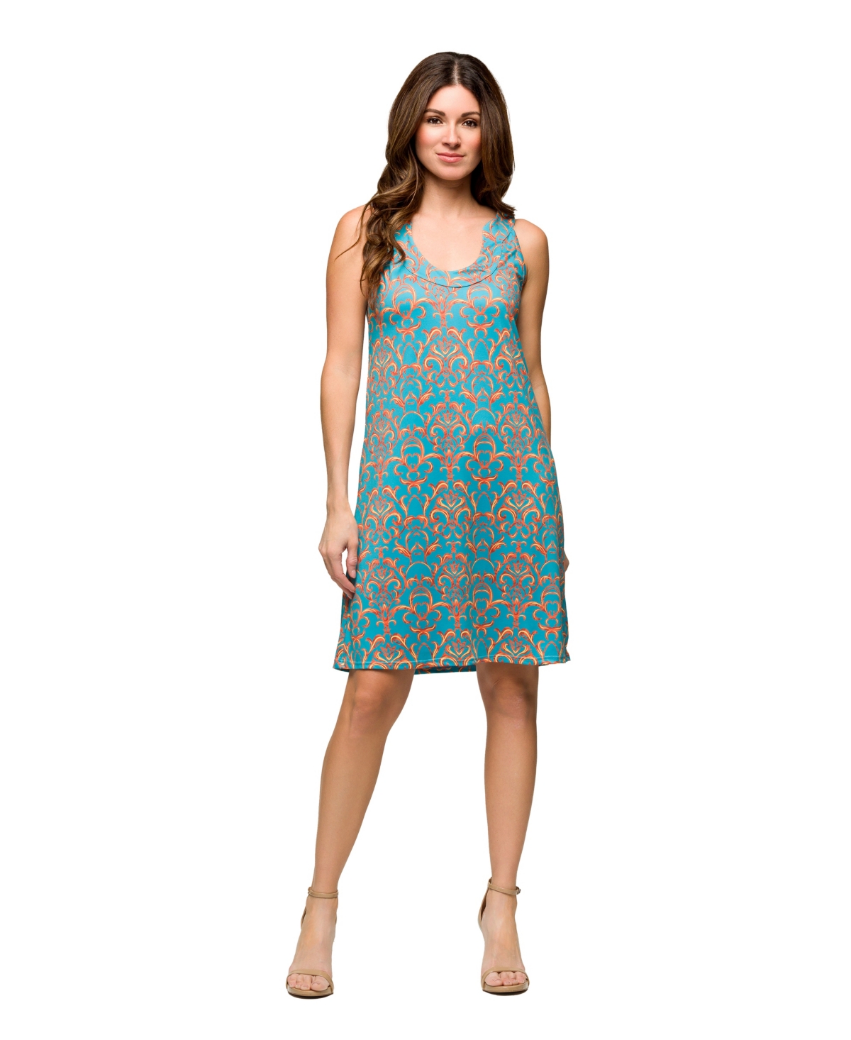 Women's Teal Sleeveless Knee Length Shift Dress - Blue Multi