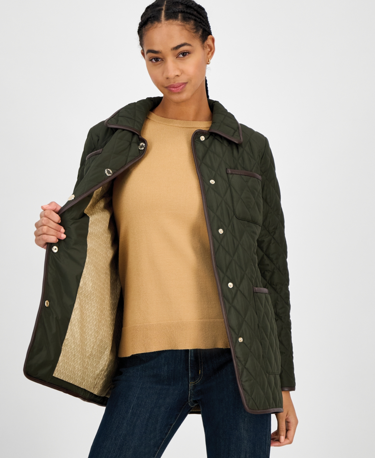 Michael Kors Michael  Women's Faux-leather-trim Quilted Coat, Exclusively At Macy's In Green
