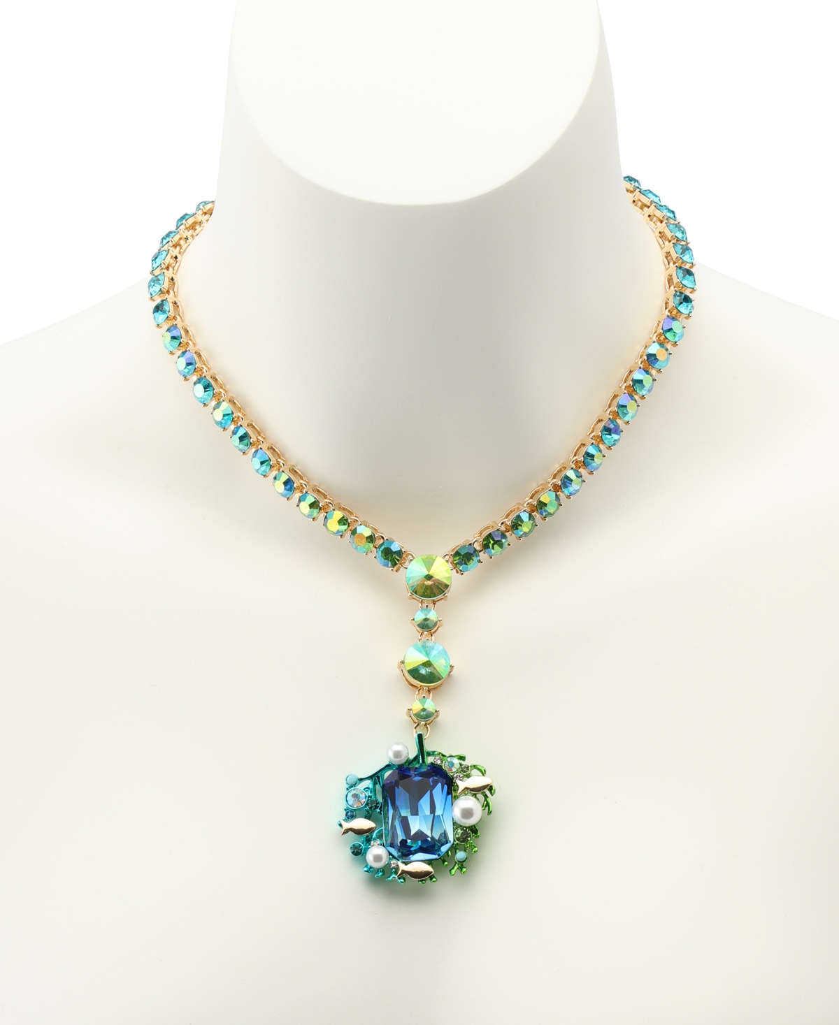 Betsey Johnson Mermaid Jewels Seaweed Stone Gem Tennis Necklace In Blue,gold