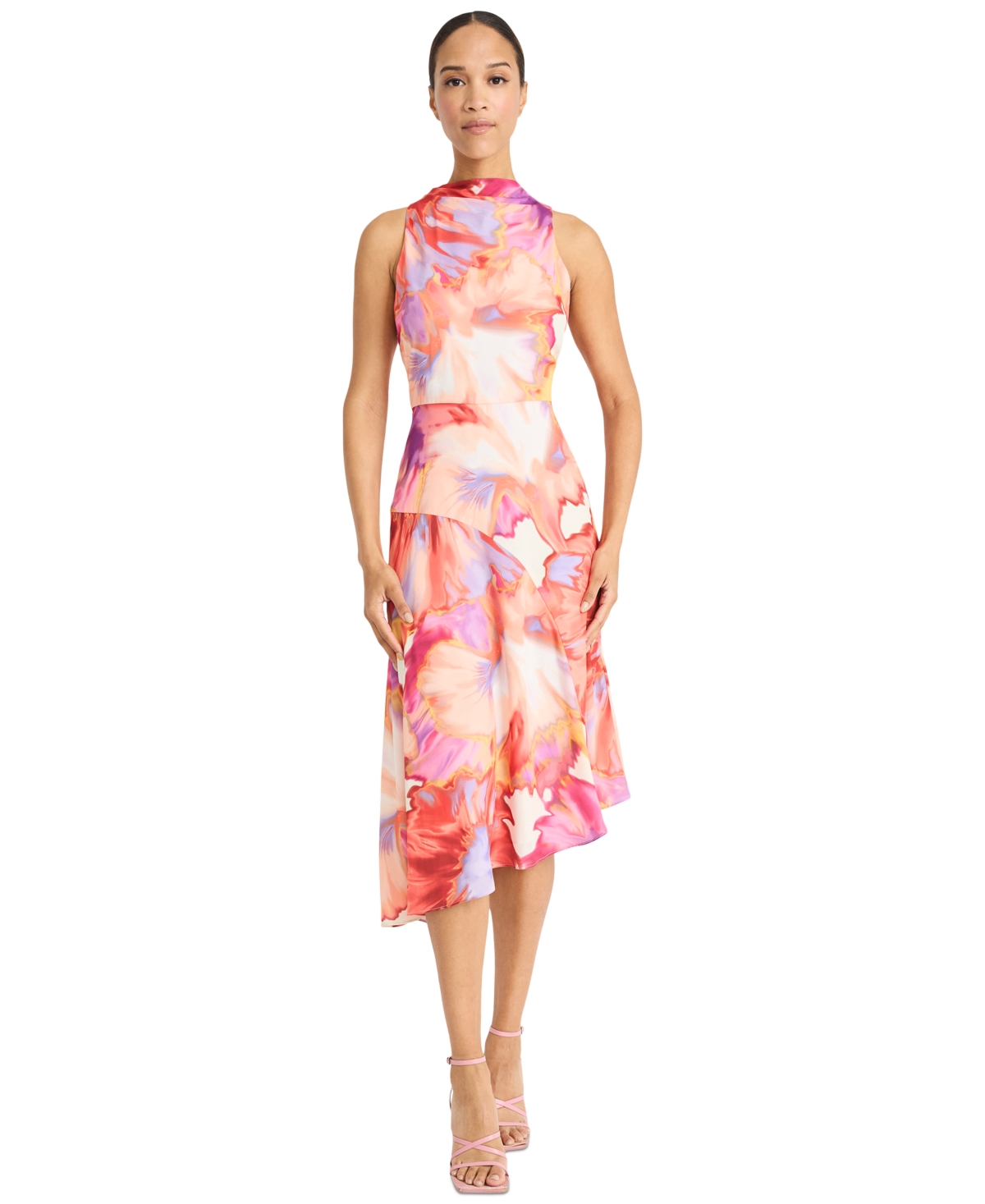 Women's Printed Asymmetric-Hem Midi Dress - Ivory/Orange