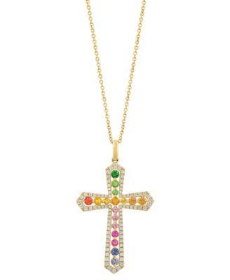 EFFY&reg; Multi-Sapphire (3/4 ct. t.w.), Green Garnet (1/6 ct. t.w.) & Diamond (1/2 ct. t.w.) Cross 18" Pendant Necklace in 14k Gold