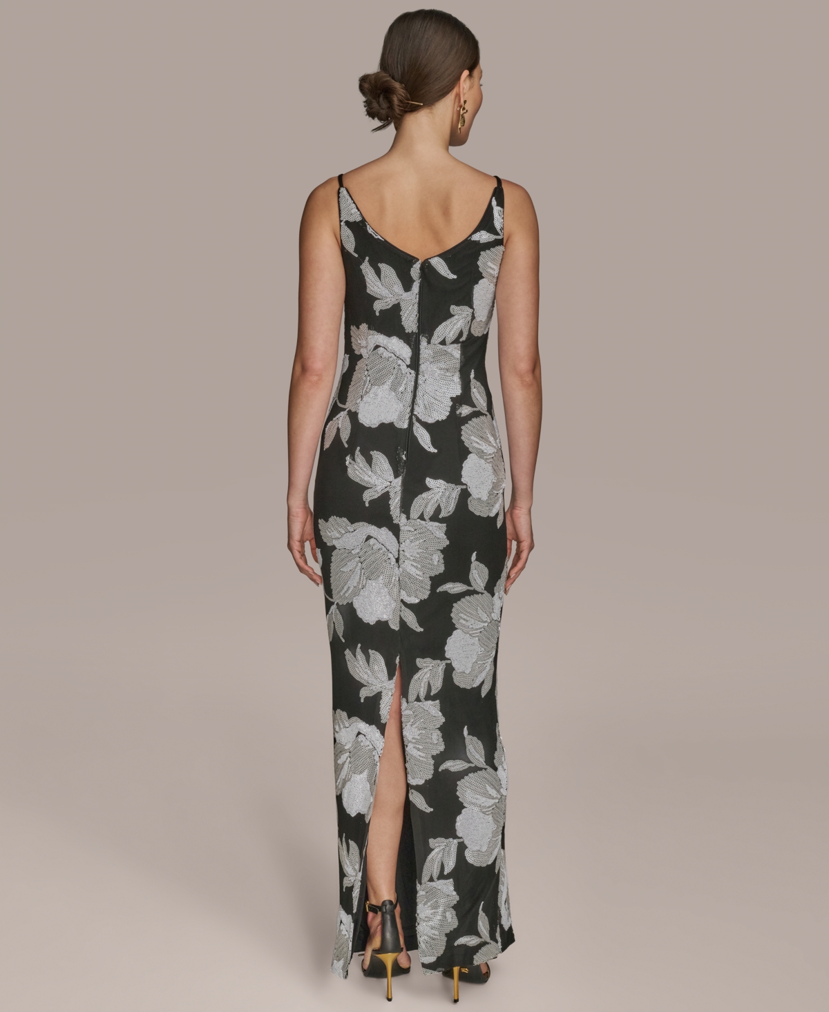 Donna Karan New York Sequin Floral Sheath Gown In Black
