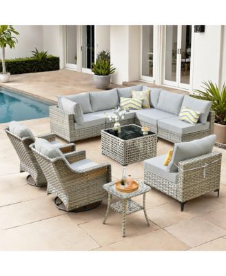 10 Piece Outdoor Patio Furniture with Swivel Rocking Chairs,All Weather Rattan Wicker Sectional Coversation Set with Solar Coffee Table, Single Modular Chairs for Deck Balcony Backyard Pool,Orange Red