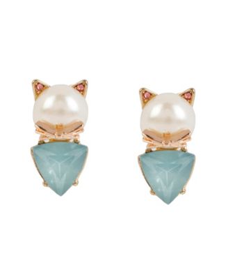 Faux Stone Cultivated Pearl Cat Two-Step Stud Earrings