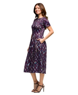 Women's Purple Print Short Sleeve Pleated Flare Midi Pocket Dress