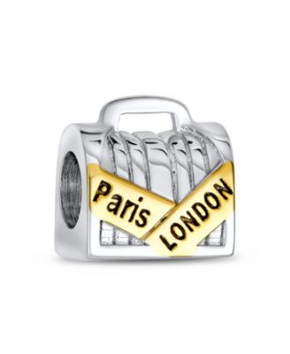Set of 2 London Travel Suitcase Luggage & Paris Eiffel Tower Dangle Charm Bead Sterling Silver