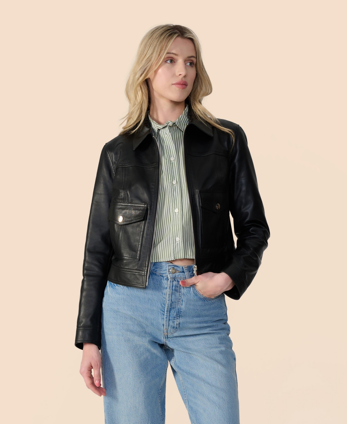 Women's Bomber Leather Jacket, Created for Macy's - Black