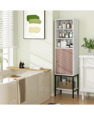 57" Bathroom Tall Cabinet with 1 Door and 4 Shelves Freestanding Floor Cabinet