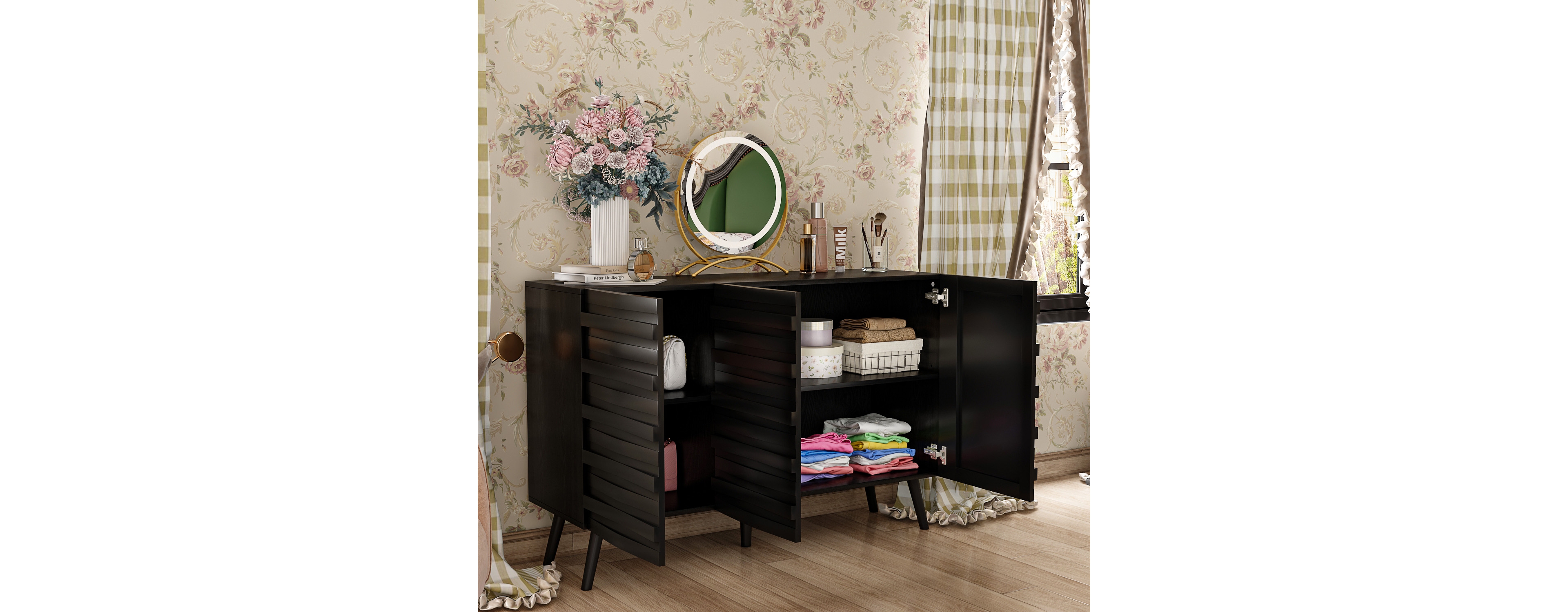 Nightstand with three cabinet doors, Side table with embossed pattern, wood end table, Bedside table for bedrooms, living rooms, offices