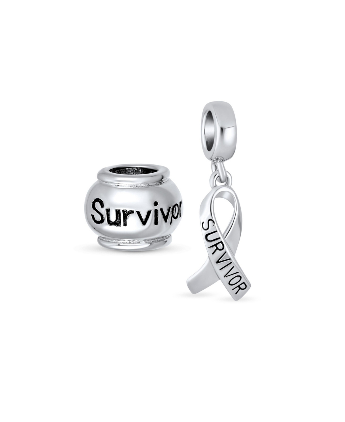 Set of 2 Ribbon Survivor Message Dangle Charm Bead Sterling Silver for European Bracelet - Silver set