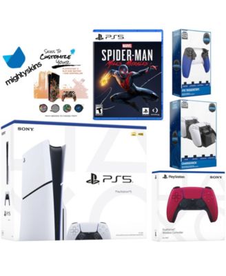 Playstation 5 Slim Disc Bundle with Spider-Man: Miles Morales, Extra Controller, Trigger Stop Kit, Dual Charge Dock and MightySkins Decal Voucher