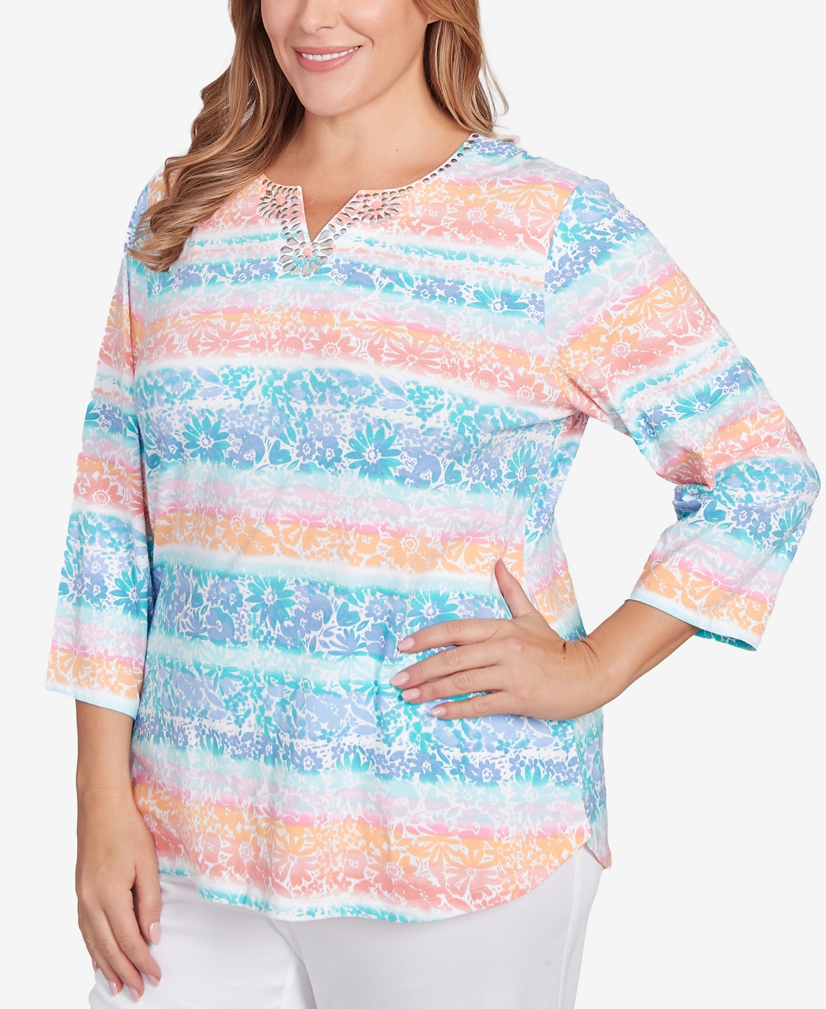 Ruby Rd. Plus Size Watercolor Stripe Print Top