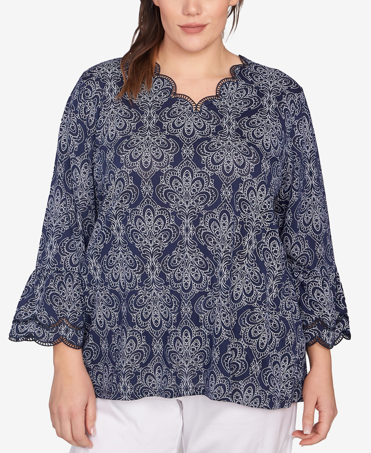 Plus Size Print Solid Burnout Top - True Navy Multi