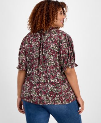 Plus Size Printed Tie-Neck Short-Puff-Sleeve Blouse 