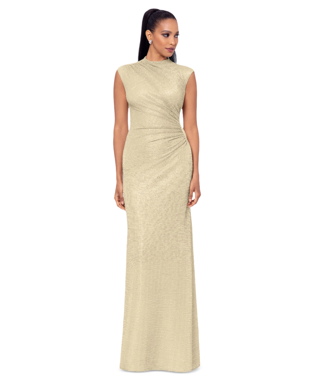 BETSY & ADAM PETITE RUCHED METALLIC CRINKLE GOWN 