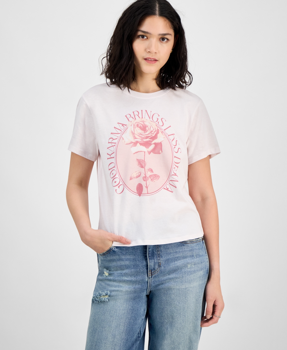 Juniors' Good Karma Cotton Graphic T-Shirt - Pink