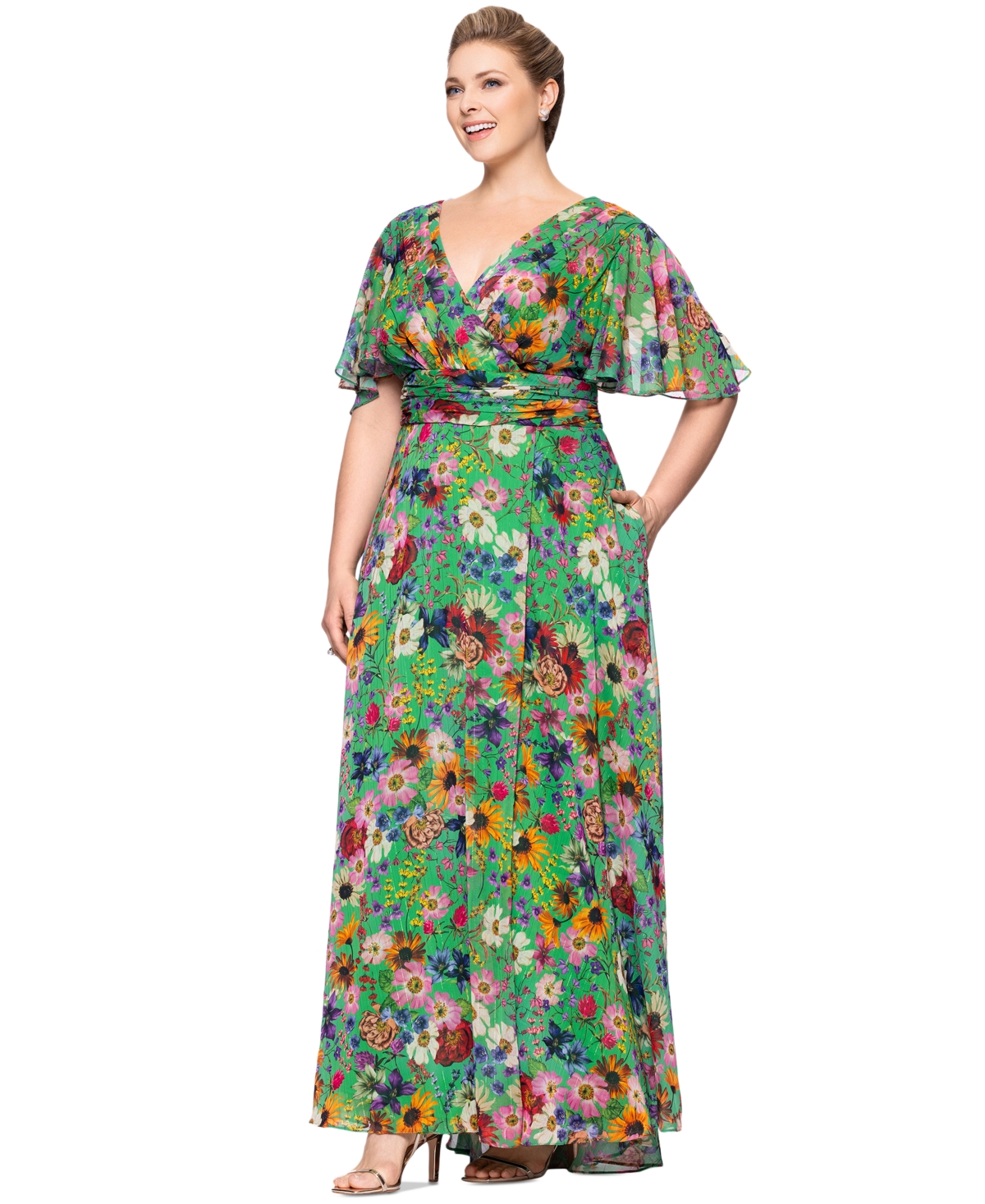 Betsy & Adam Plus Size Floral-print Flutter-sleeve A-line Dress