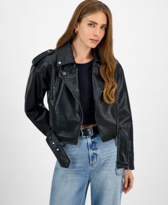 Juniors' Faux-Leather Belted Jacket