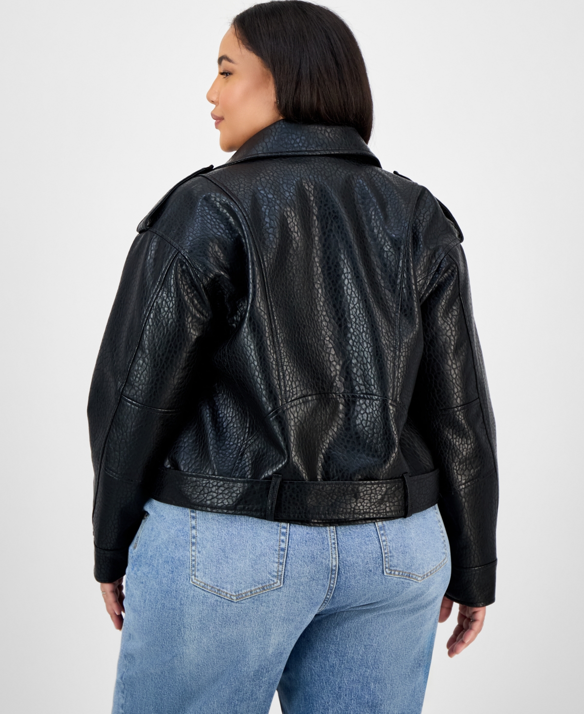 Jou Jou Trendy Plus Size Faux-leather Belted Jacket In Black