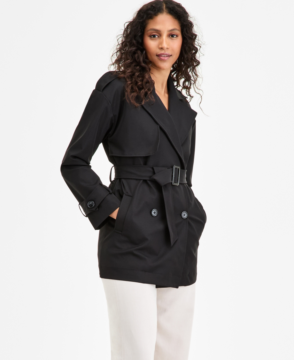 Jou Juniors' Double-Breasted Belted Trench Coat