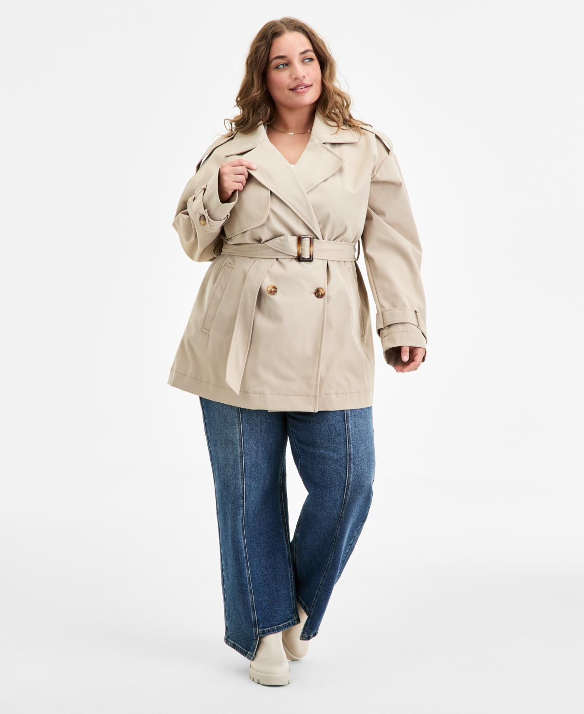 Jou Jou Trendy Plus Size Double-breasted Belted Trench Coat In Neutral
