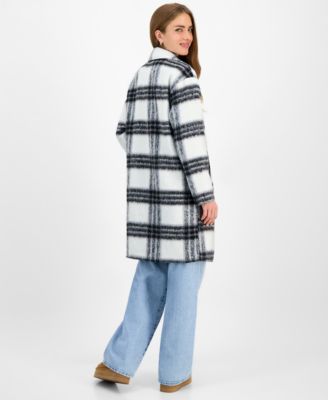 Juniors' Button-Front Plaid Coat