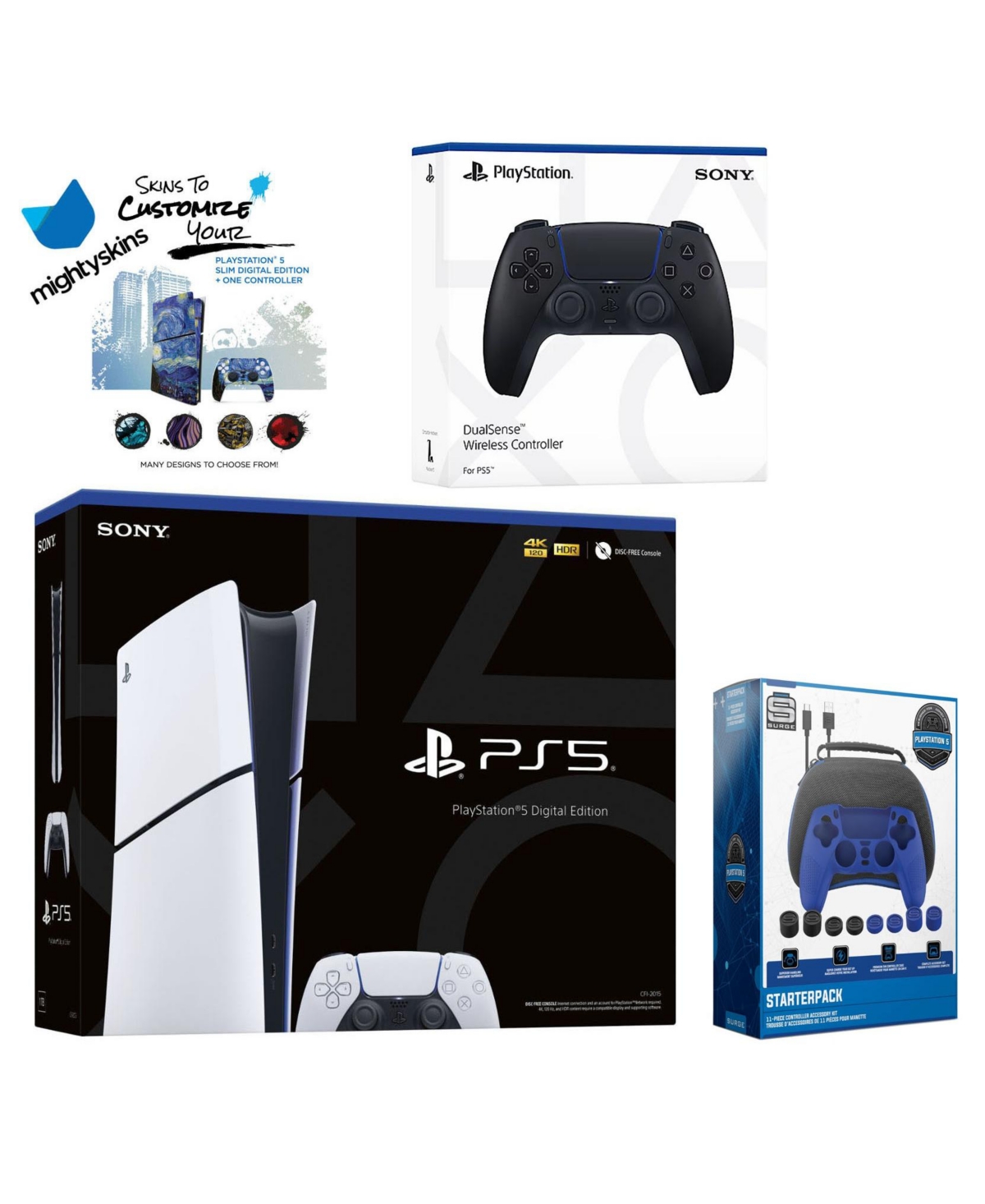 Sony PlayStation 5 Slim Digital with Extra Cosmic Red Controller, Pro Gamer Starter Kit and MightySkins Decal Voucher - Midnight black