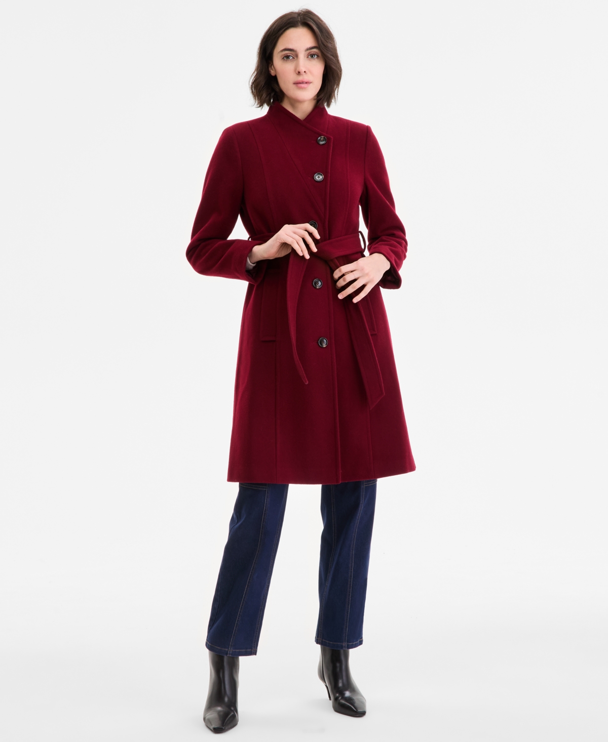 Anne Klein Women's Asymmetric Button-front Belted Coat In Brown