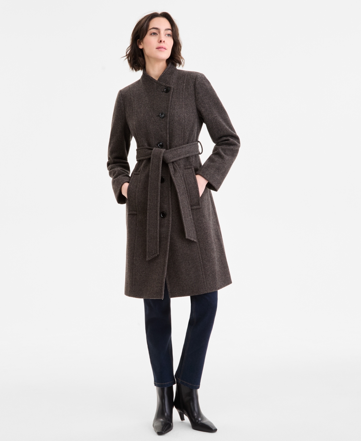 Anne Klein Women's Asymmetric Button-front Belted Coat In Multi
