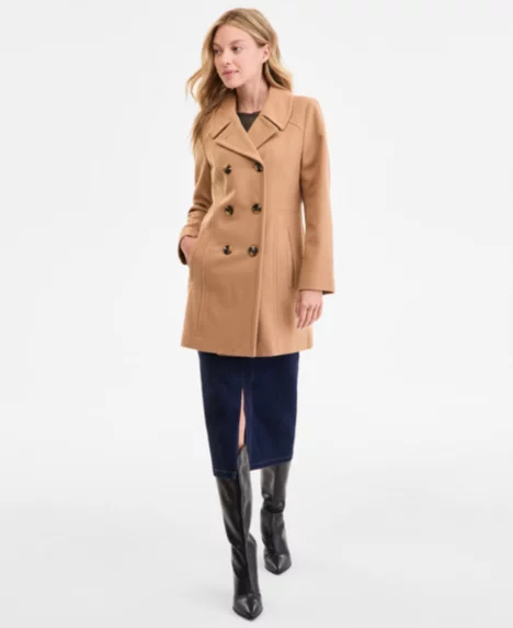 Petite Double-Breasted Peacoat - Camel