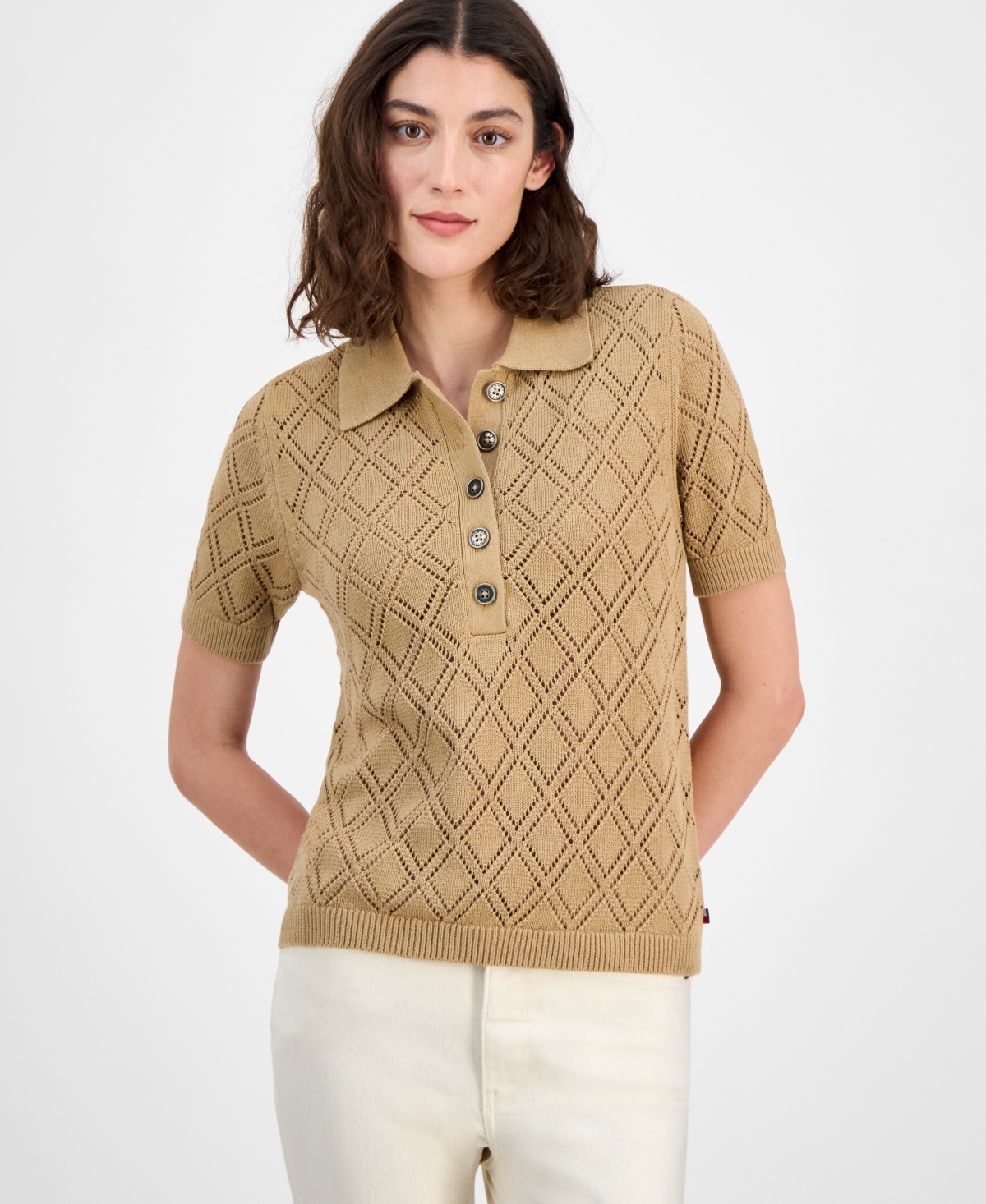 Women's Double Pointelle Knit Polo Top - Tannin