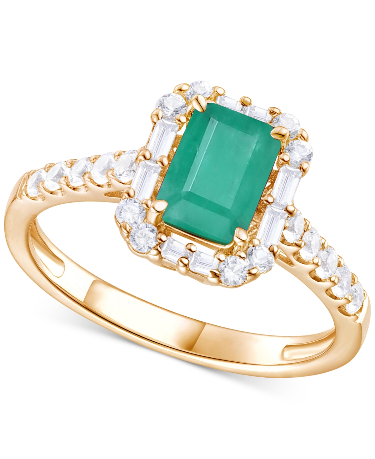 Emerald (1 ct. t.w.) & Diamond (3/8 Round Baguette Halo Ring 14k Gold (Also Ruby Sapphire)