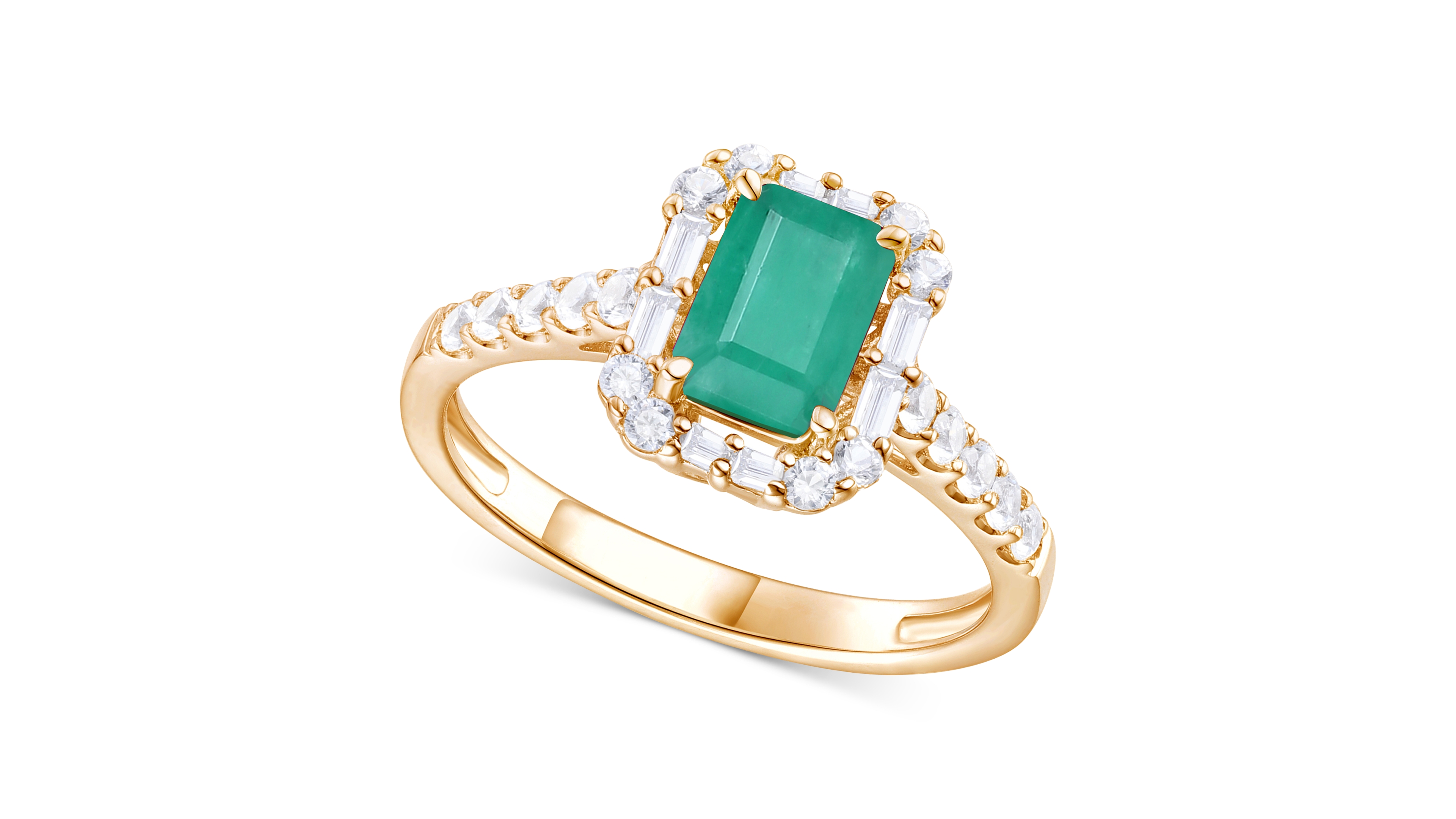 Emerald (1 ct. t.w.) & Diamond (3/8 Round Baguette Halo Ring 14k Gold (Also Ruby Sapphire)