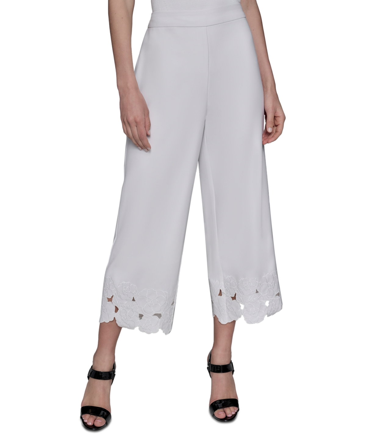 Women's Floral-Hem Pull-On Pants - Soft White