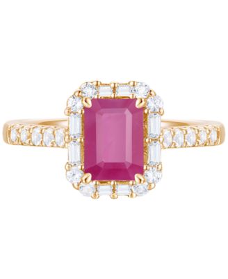 Emerald (1 ct. t.w.) & Diamond (3/8 ct. t.w.) Round & Baguette Halo Ring in 14k Gold (Also in Ruby & Sapphire)